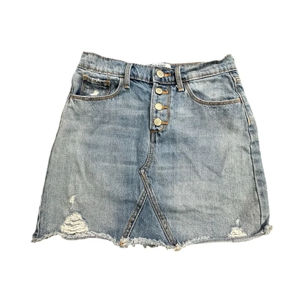 Old Navy Denim Skirt Girls L 10-12 Blue Distressed Mini Button Front Raw Hem